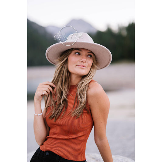 Wool Blend Wide Brim Hat w/ Belt - Light Tan RTS