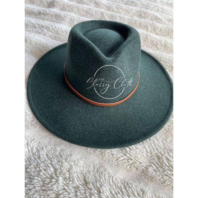 Wool Blend Wide Brim Hat w/ Belt - Forest Green RTS