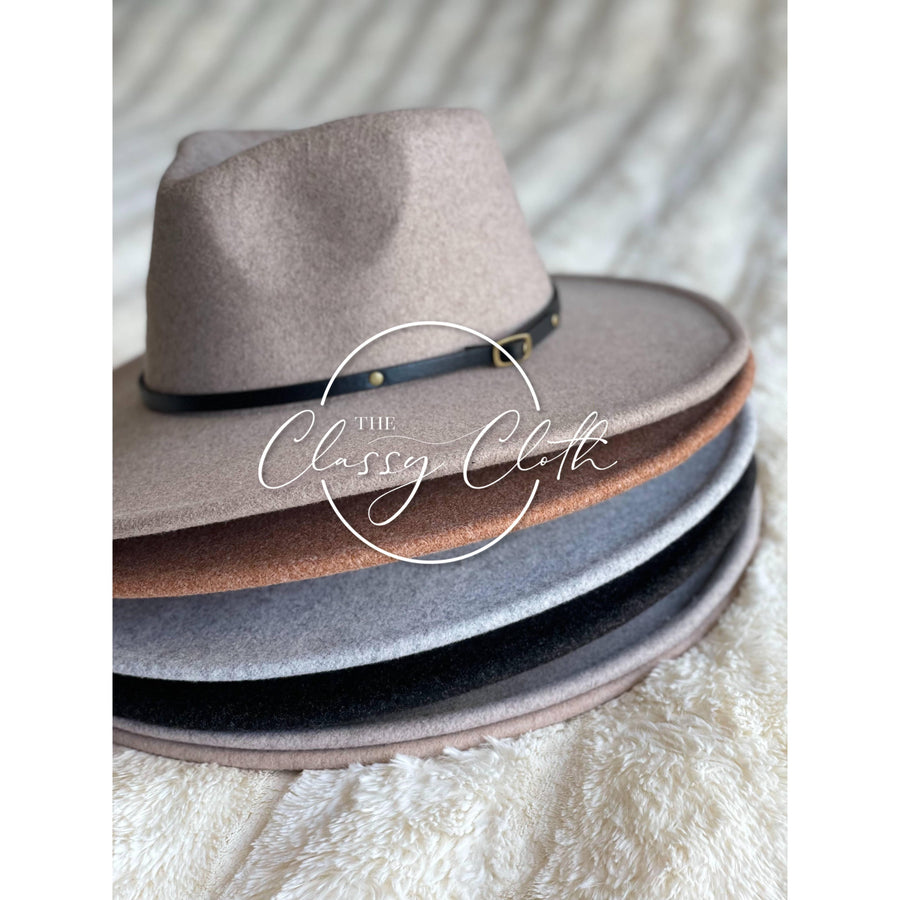 Wool Blend Wide Brim Hat w/ Belt - Grey RTS