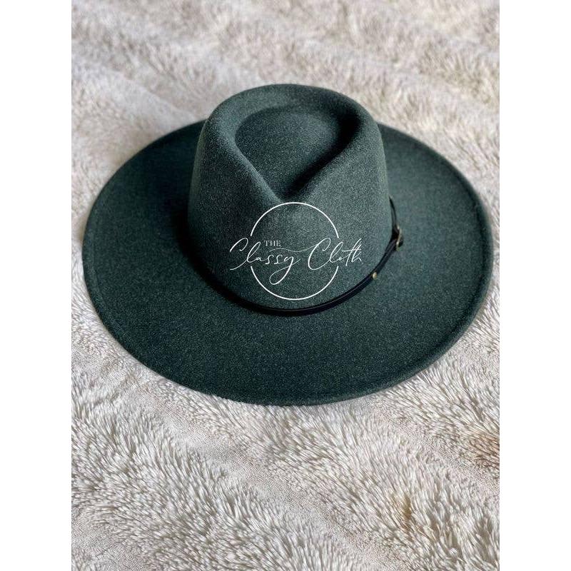Wool Blend Wide Brim Hat w/ Belt - Forest Green RTS