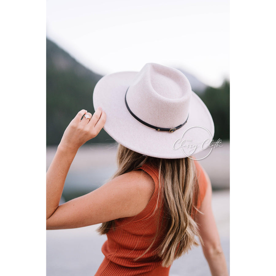 Wool Blend Wide Brim Hat w/ Belt - Light Tan RTS