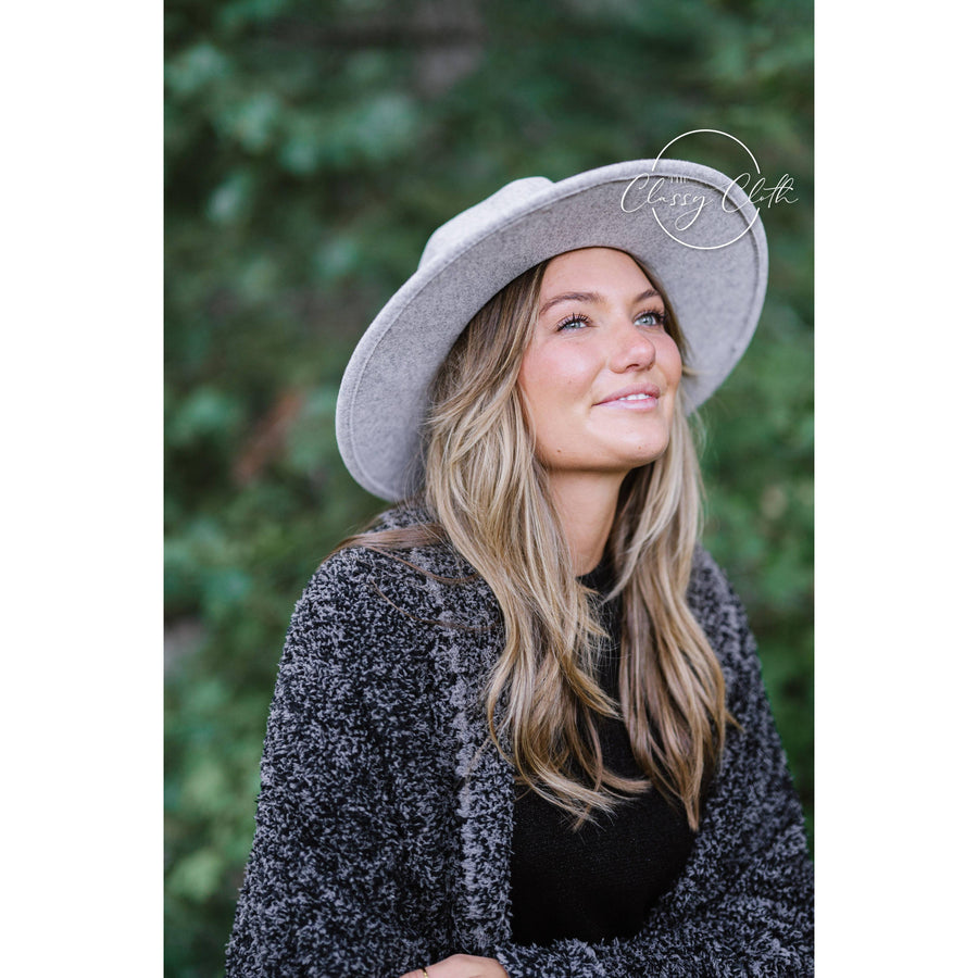 Wool Blend Wide Brim Hat w/ Belt - Grey RTS
