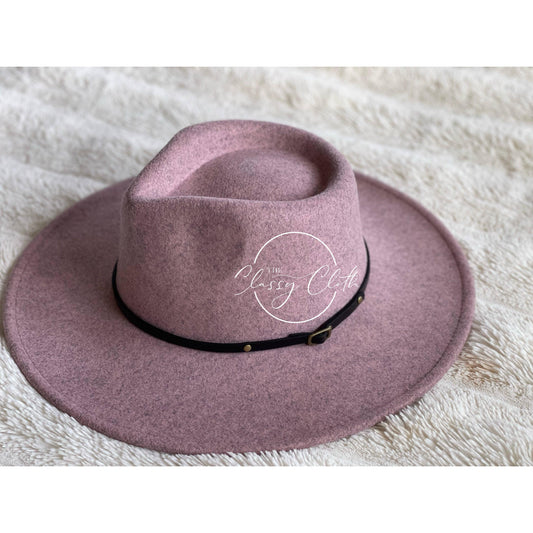 Wool Blend Wide Brim Hat w/ Belt - Mauve RTS
