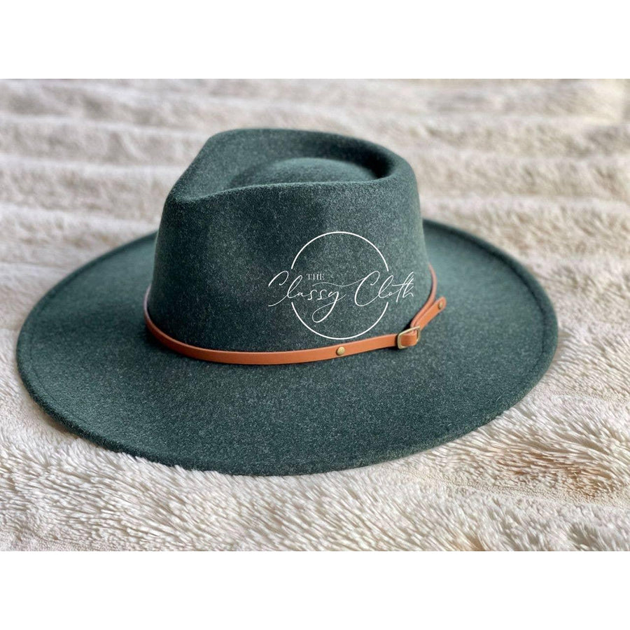 Wool Blend Wide Brim Hat w/ Belt - Forest Green RTS