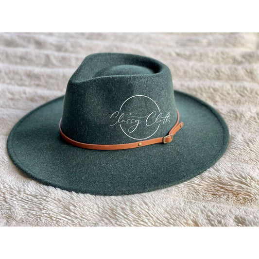 Wool Blend Wide Brim Hat w/ Belt - Forest Green RTS