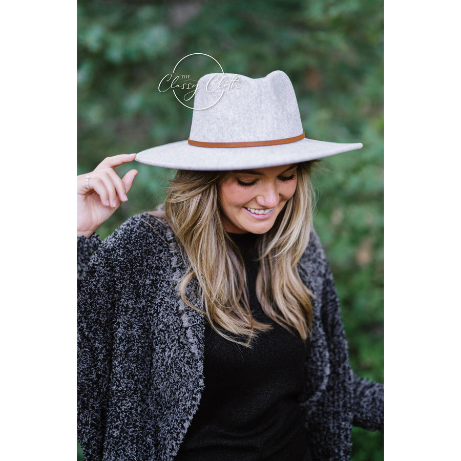 Wool Blend Wide Brim Hat w/ Belt - Grey RTS