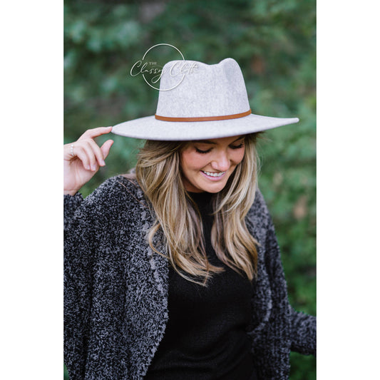 Wool Blend Wide Brim Hat w/ Belt - Grey RTS