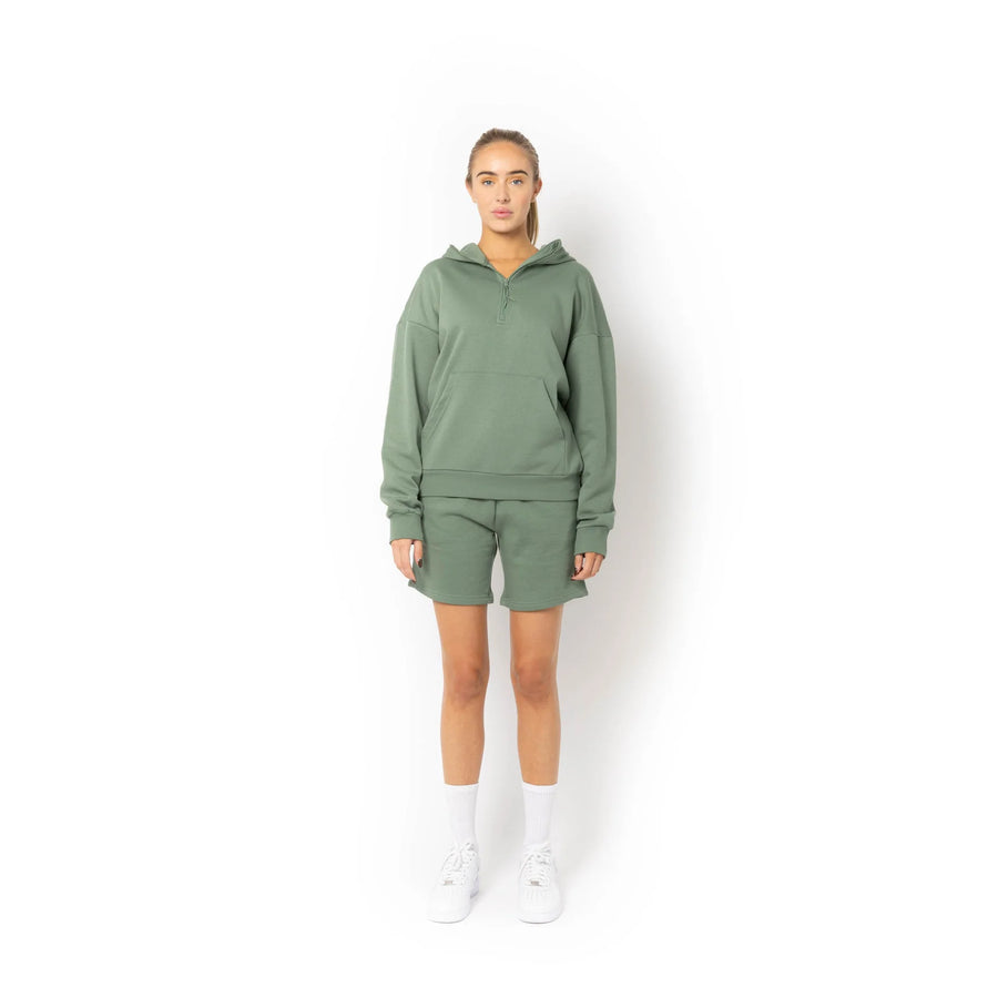 Unisex Drop Shoulder 1/2 Zip Hoodie - Dusty Green