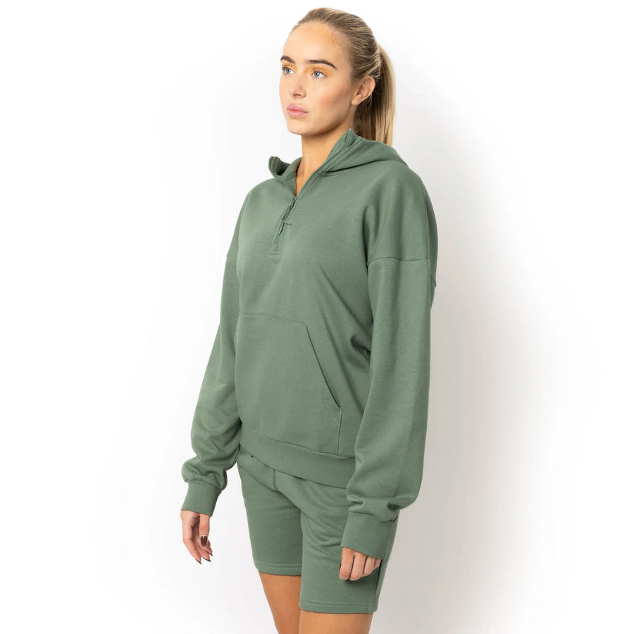 Unisex Drop Shoulder 1/2 Zip Hoodie - Dusty Green