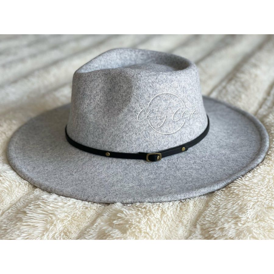 Wool Blend Wide Brim Hat w/ Belt - Grey RTS
