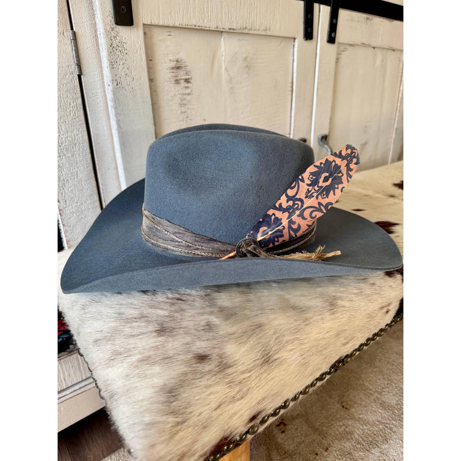 Deep Blue Scroll Hat Feather - Western Hat Accessory