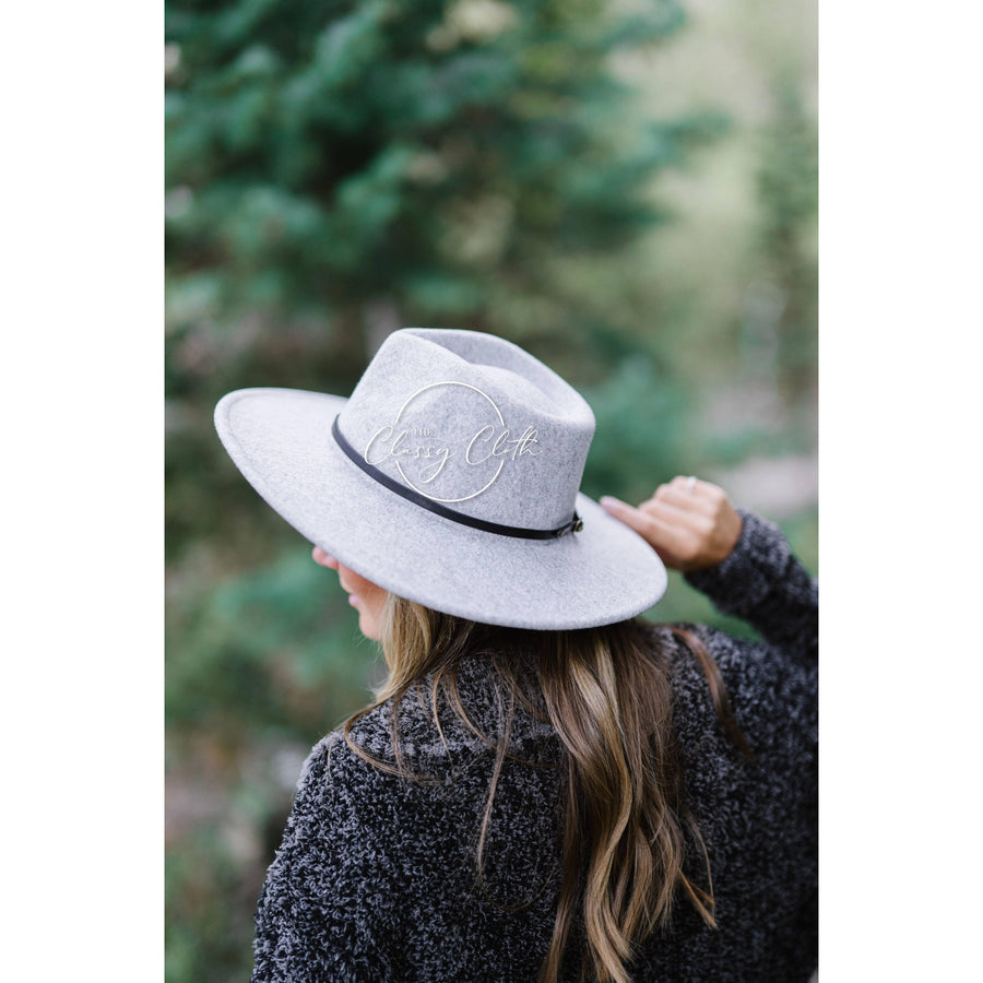 Wool Blend Wide Brim Hat w/ Belt - Grey RTS