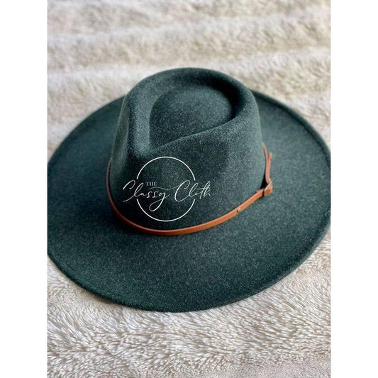Wool Blend Wide Brim Hat w/ Belt - Forest Green RTS