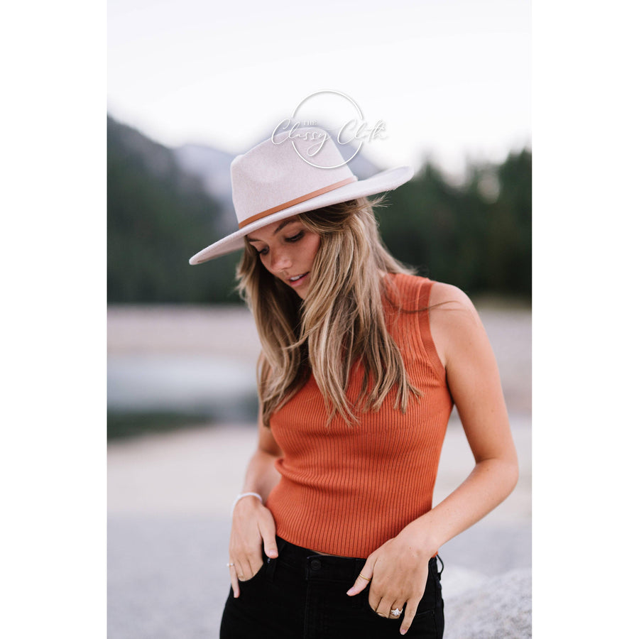 Wool Blend Wide Brim Hat w/ Belt - Light Tan RTS