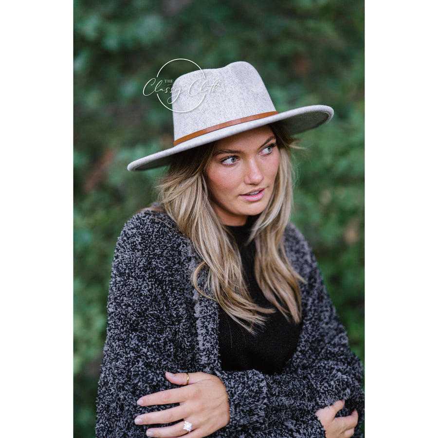 Wool Blend Wide Brim Hat w/ Belt - Grey RTS