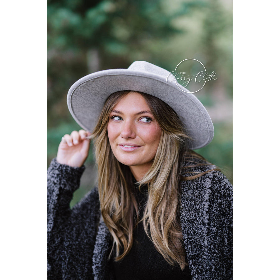 Wool Blend Wide Brim Hat w/ Belt - Grey RTS